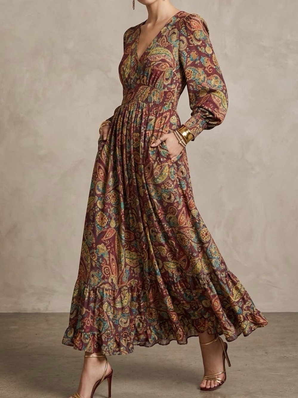 ME 2 Magic Paisley Floral Boho Maxi‎ Dress Burgundy V-Neck Smocked Waist Medium